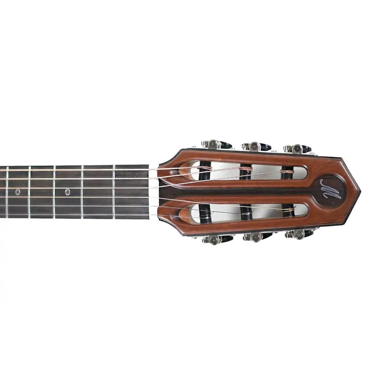 Mérida PSA-200-QS electric guitar headstock and fretboard with dark wood and silver tuning pegs.
