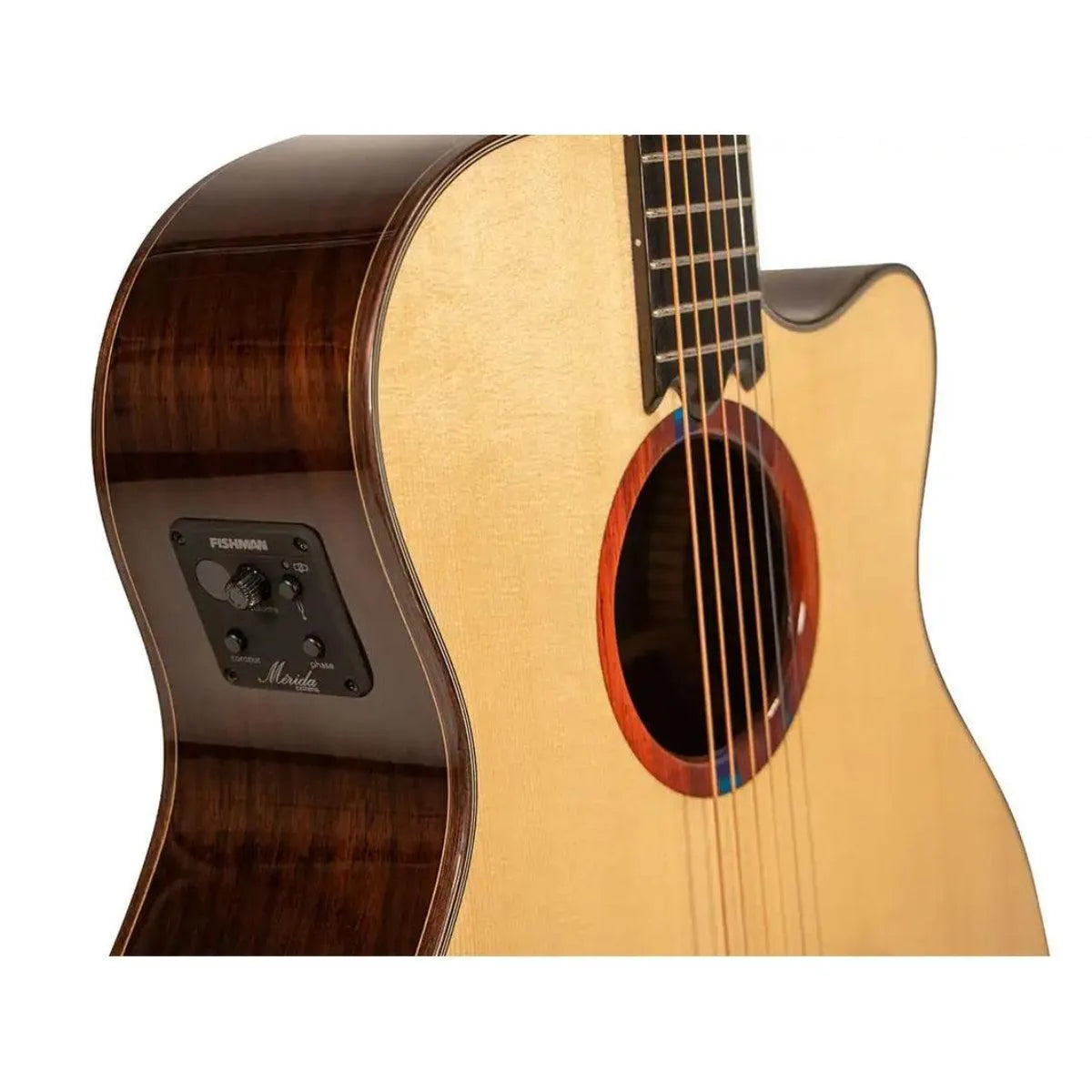 Mérida R1CS-EQ Auditorium acoustic-electric guitar with solid spruce top, rosewood back, Venetian cutaway, and Fishman electronics.