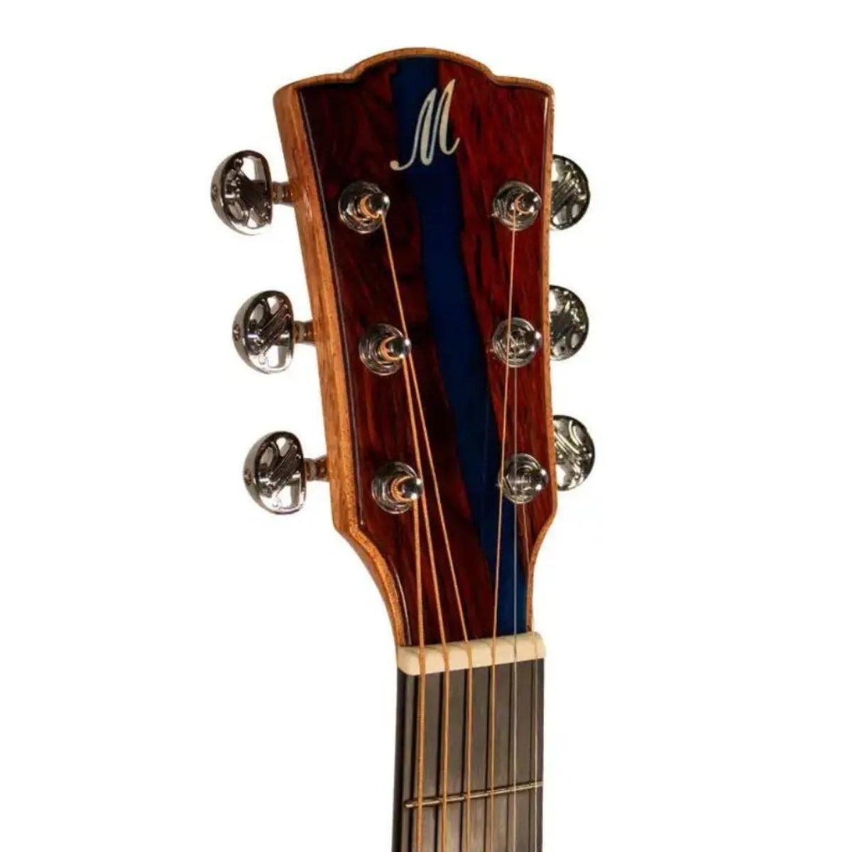 Mérida R1CS-EQ acoustic-electric guitar headstock with red and blue wood, chrome tuners, and "M" logo.