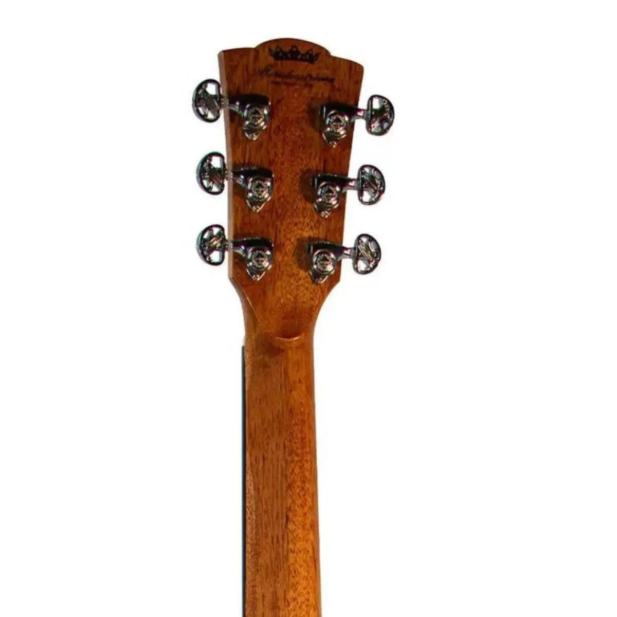 Mérida R1CS-EQ acoustic-electric guitar headstock and mahogany neck with chrome tuners.