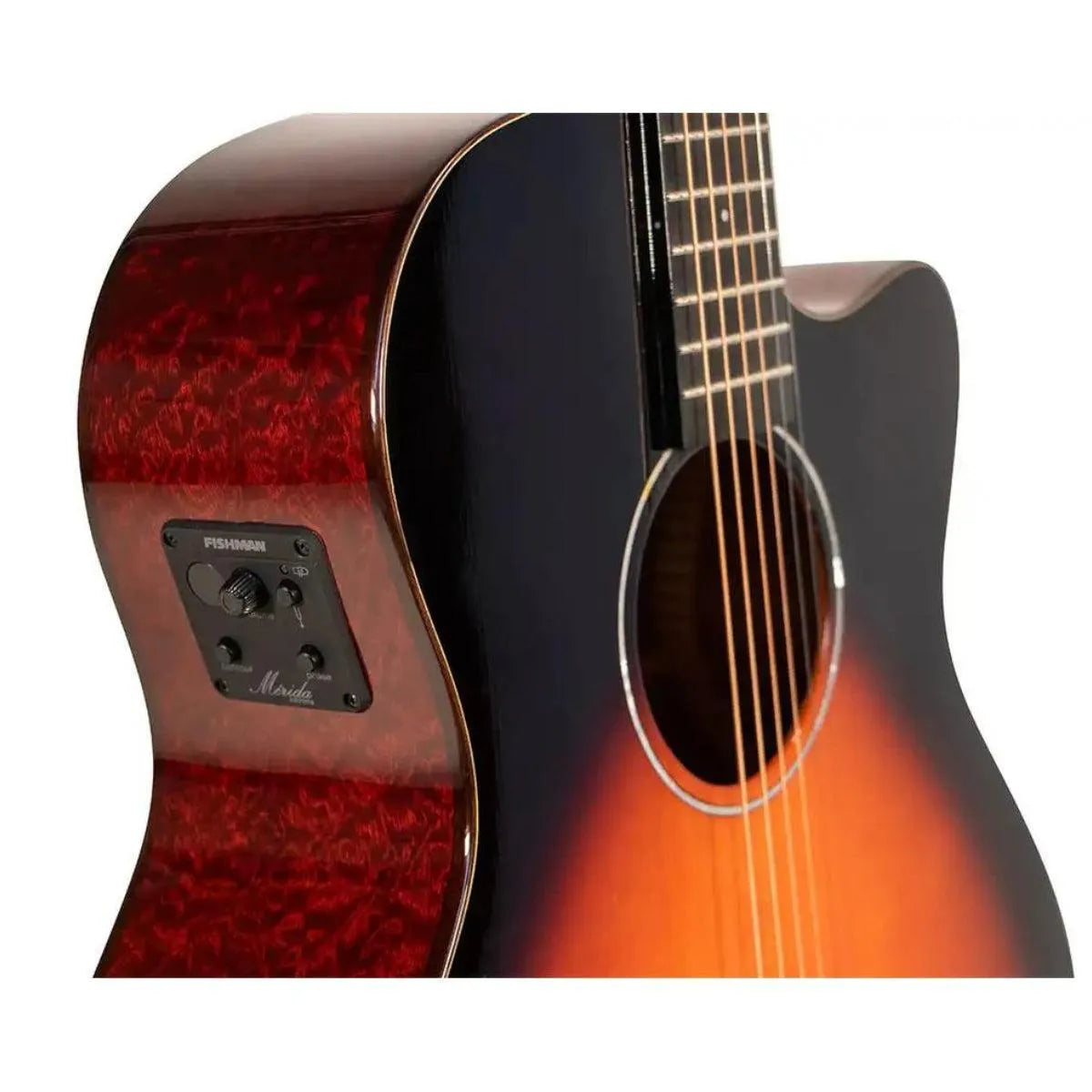 Mérida REDFOX-EQ acoustic-electric guitar with sunburst finish, quilted sapele back, and Fishman electronics.