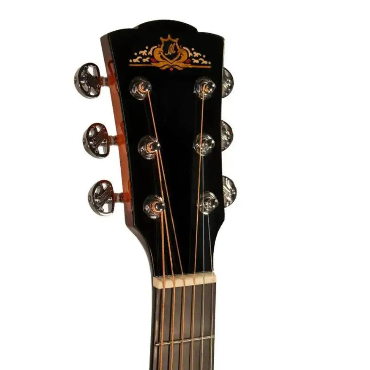 Mérida REDFOX-EQ acoustic-electric guitar headstock with chrome tuners and ornate gold logo.