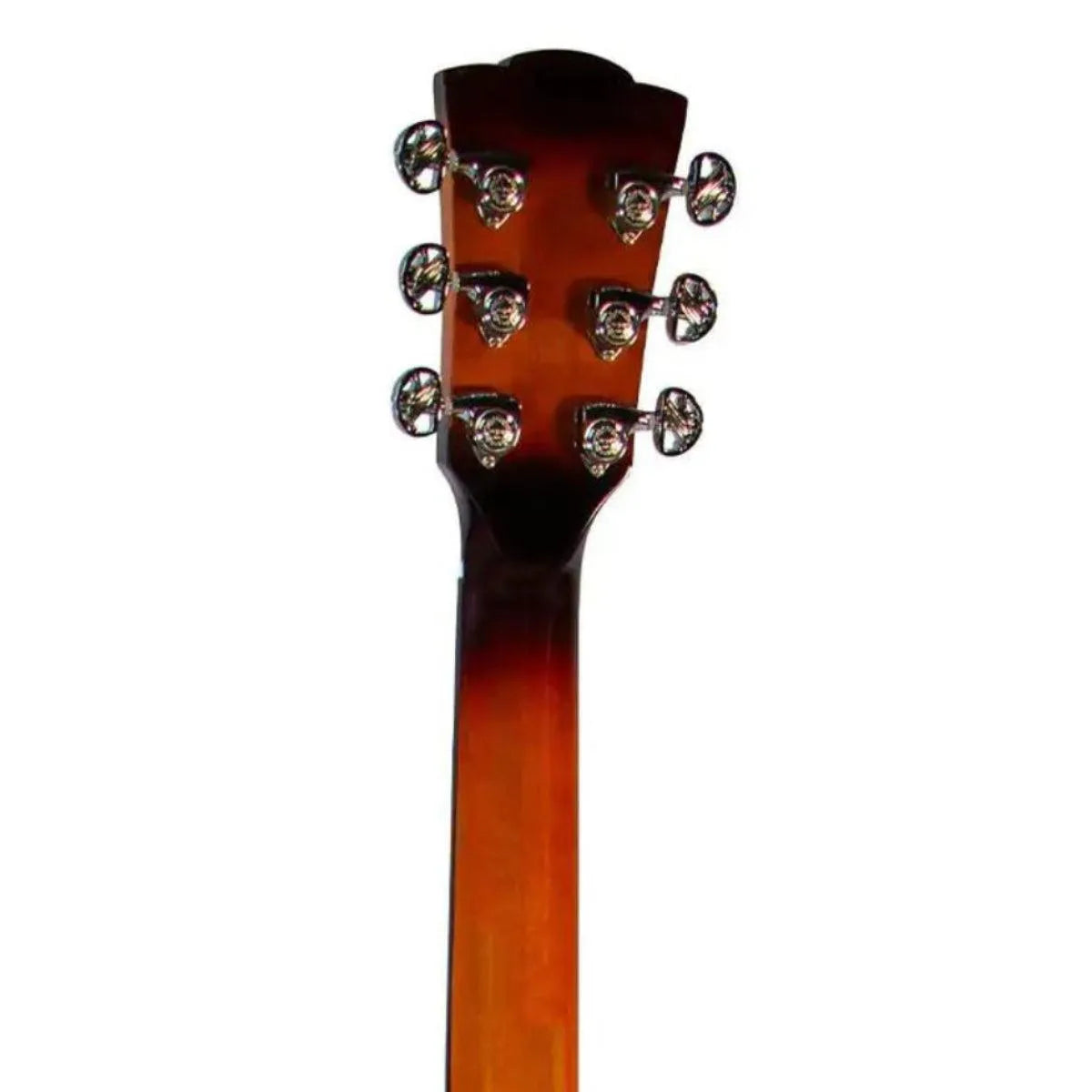 Mérida REDFOX-EQ acoustic-electric guitar headstock and neck with sunburst finish and chrome tuners.