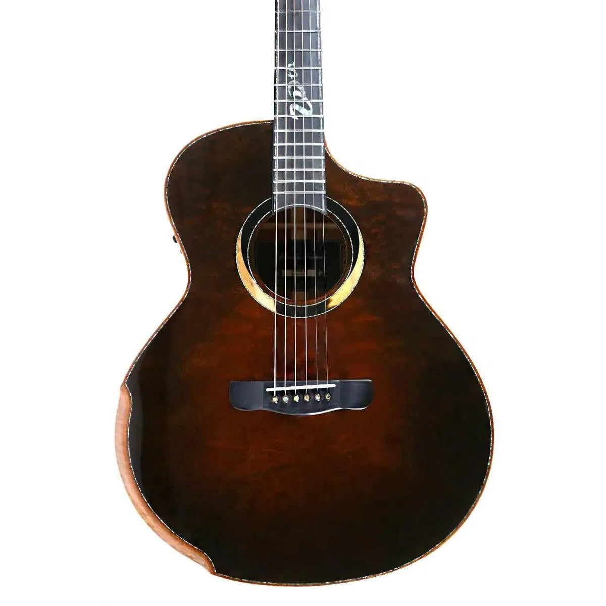 Mérida ROCKER-EQ Grand Concert acoustic-electric guitar with dark quilted sapele body, spruce top, and cutaway.