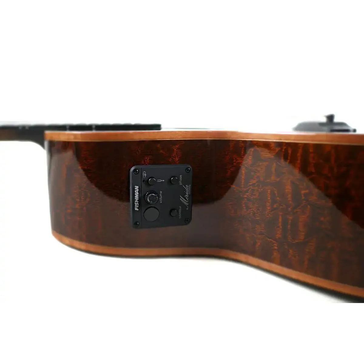 Mérida ROCKER-EQ Grand Concert acoustic-electric guitar's quilted sapele body with Fishman preamp controls.