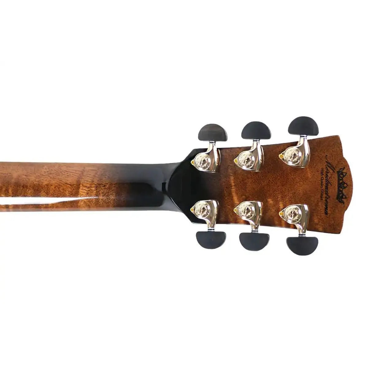 Mérida ROCKER-EQ Grand Concert acoustic-electric guitar headstock with 6 tuners and flamed okoume neck.