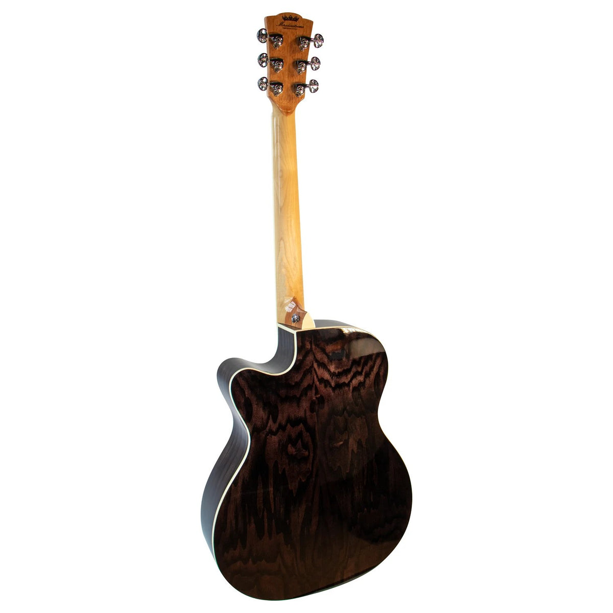 Back of the Mérida ROMEO-EQ in dark open-grained ash with a pale maple neck and chrome tuners.