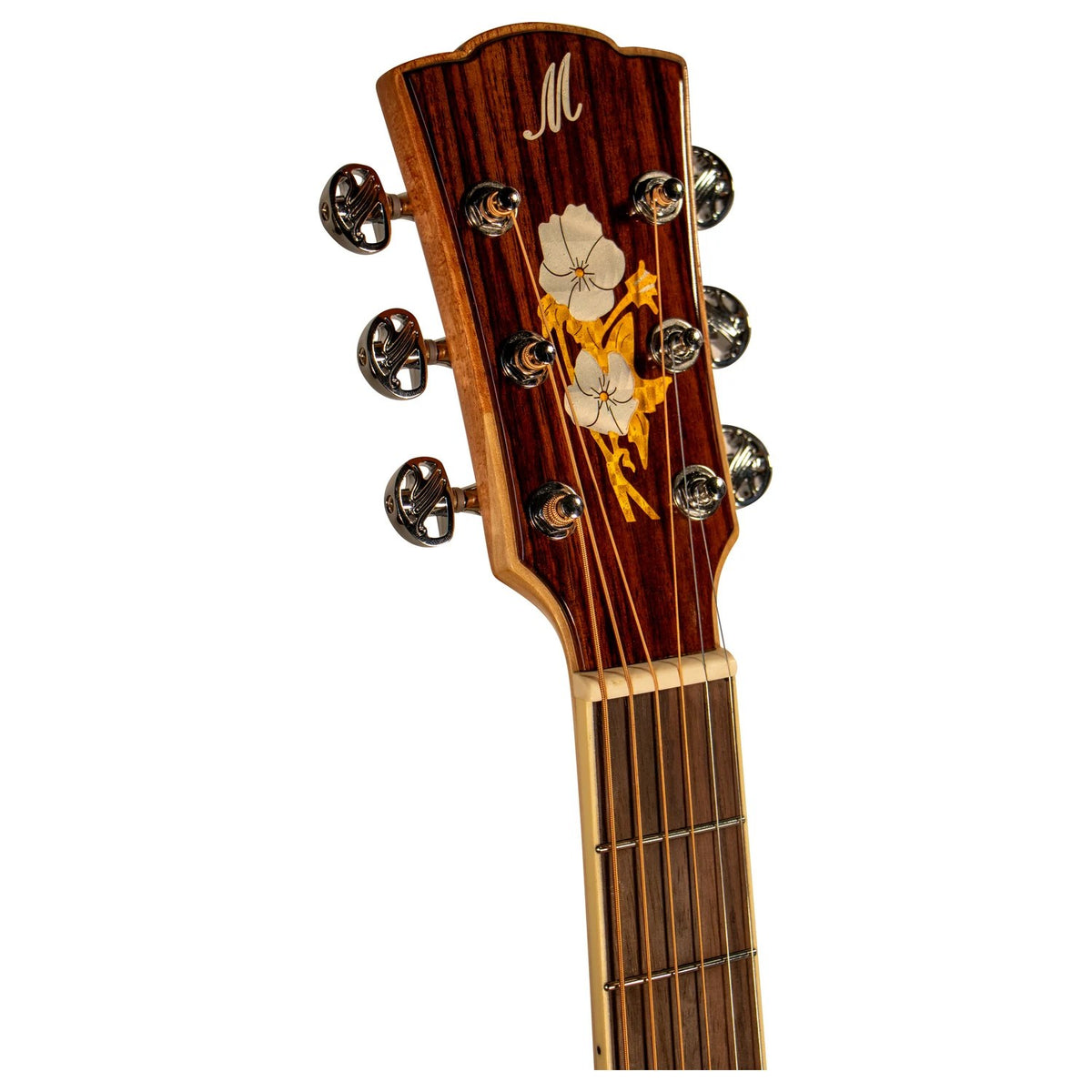 Rosewood-faced Mérida headstock with white flower inlay and chrome tuners on the ROMEO-EQ.