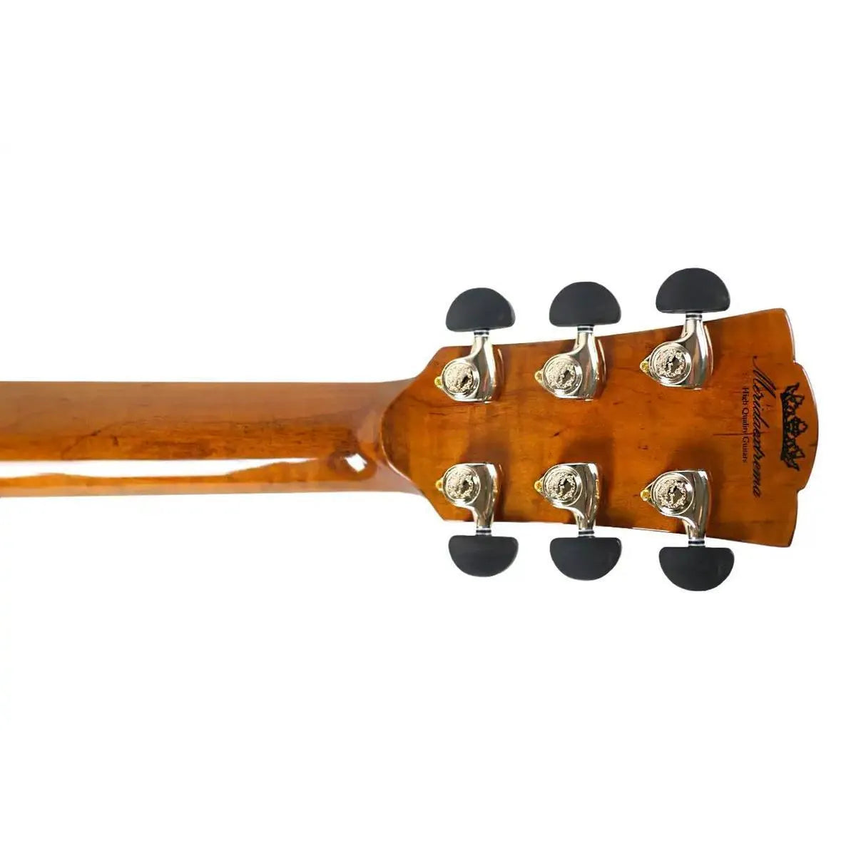 Mérida SCAR-EQ Grand Jumbo acoustic-electric guitar headstock with gold tuners and natural wood finish.
