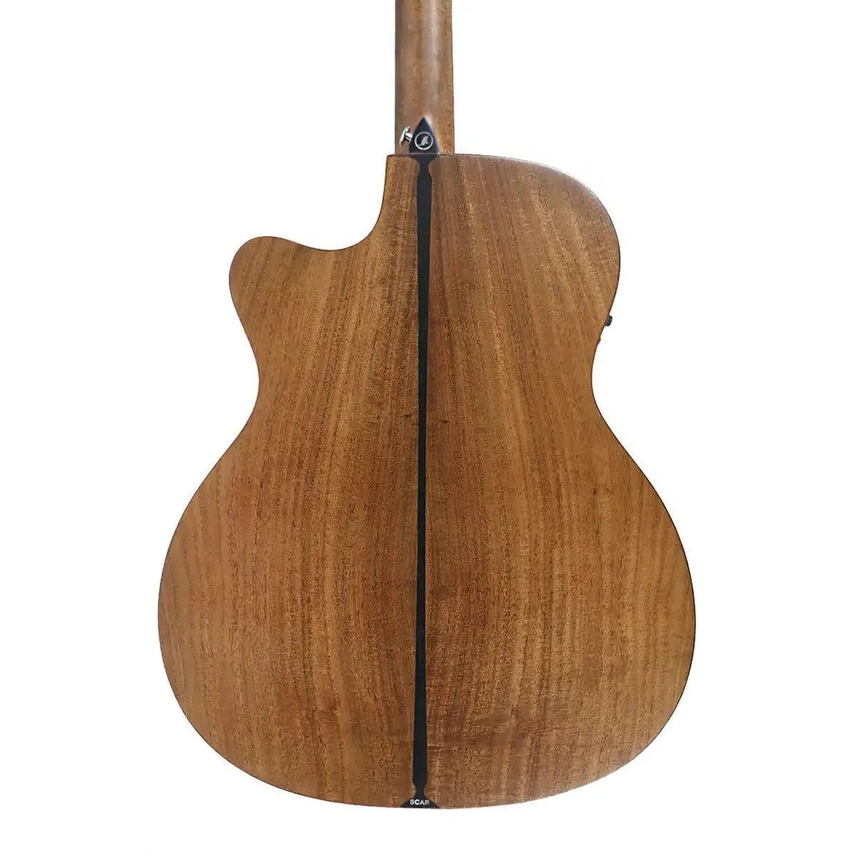 Mérida SENIOR-GACEQ Grand Auditorium acoustic-electric guitar back, showing solid koa wood with dark center strip.