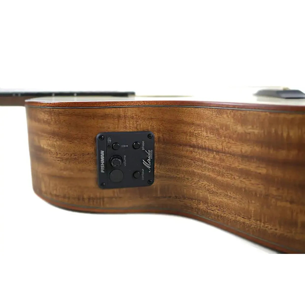 Mérida SENIOR-GACEQ acoustic-electric guitar's solid koa side with Fishman preamp and controls.