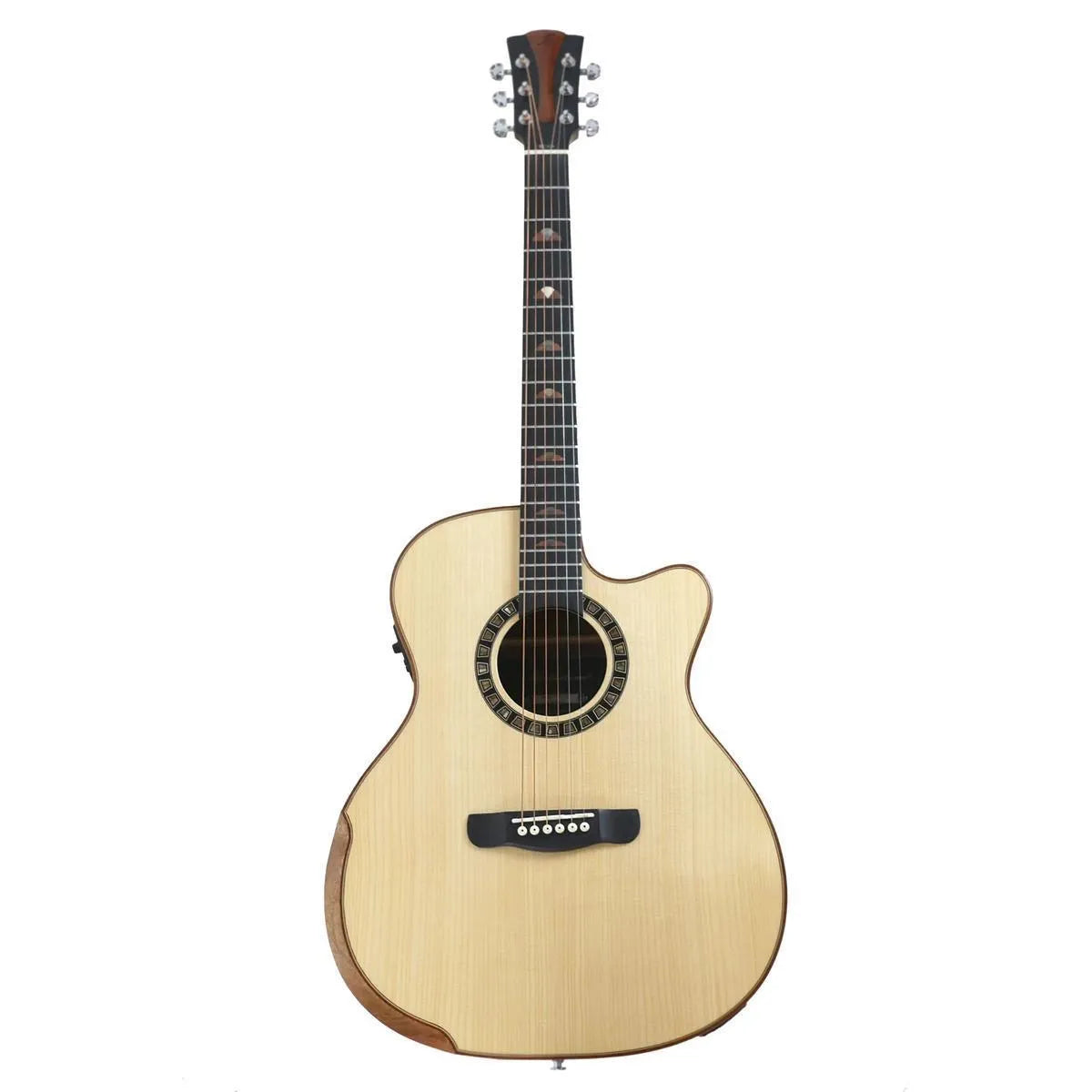 Mérida SENIOR-GACEQ Grand Auditorium acoustic-electric guitar with light spruce top and dark koa sides.