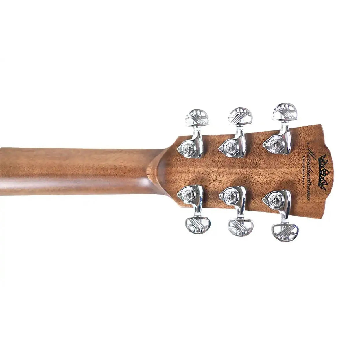 Mérida SENIOR-GACEQ acoustic-electric guitar headstock with six chrome tuners and natural wood finish.