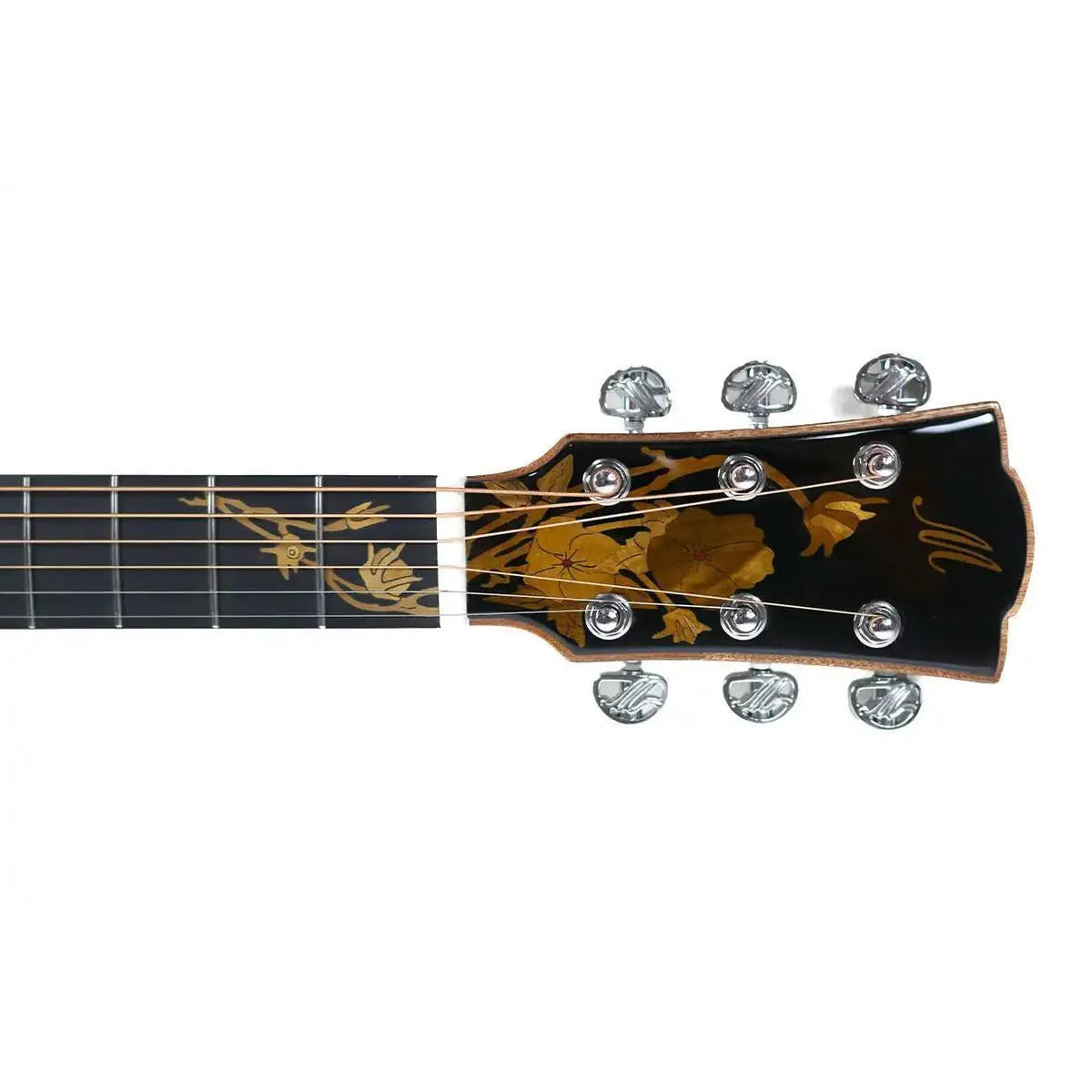 Mérida SPRING-EQ acoustic-electric guitar headstock with golden tuners and ornate floral inlay on a black finish.