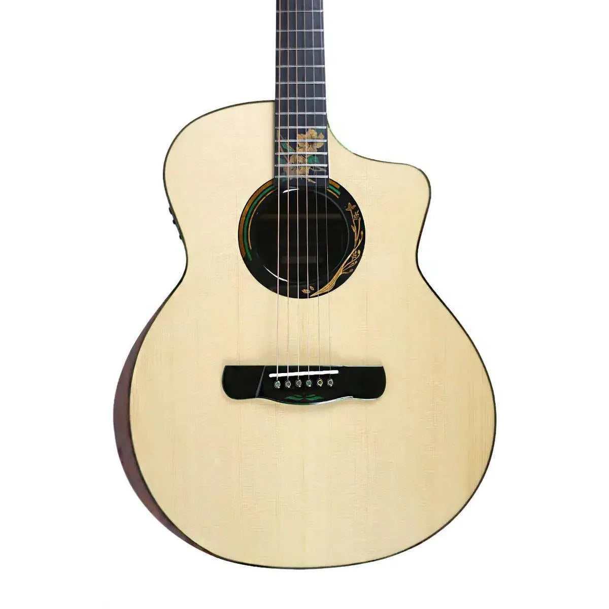 Mérida SUMMER-EQ Grand Concert acoustic-electric guitar with light spruce top, cutaway, and floral soundhole inlay.