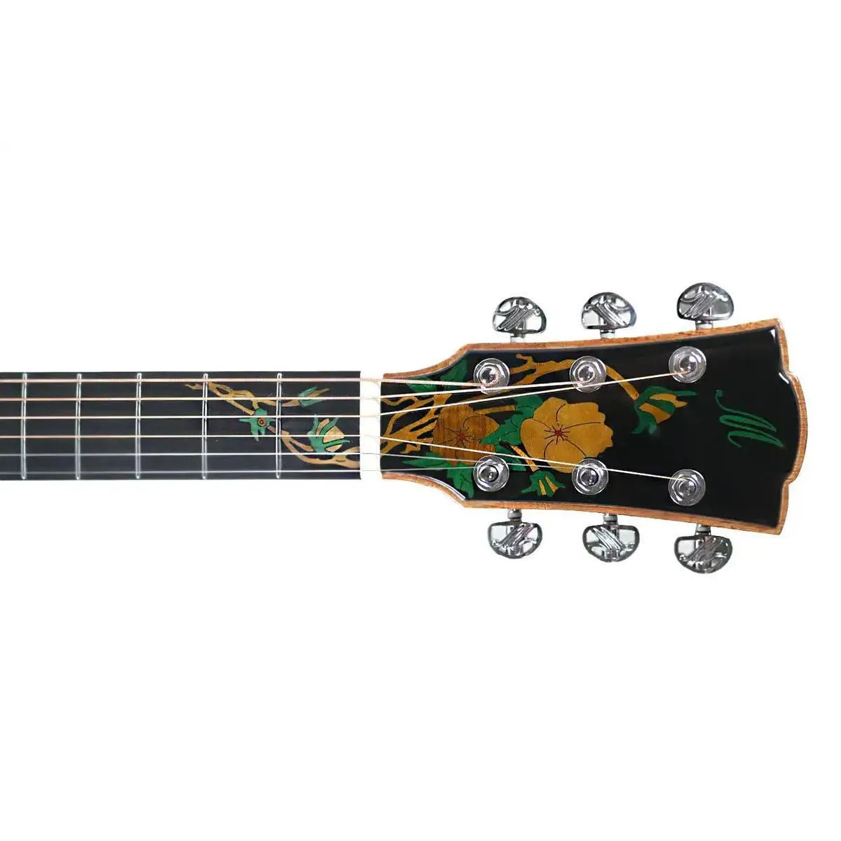 Mérida SUMMER-EQ acoustic-electric guitar headstock with ornate yellow floral inlay on black finish.