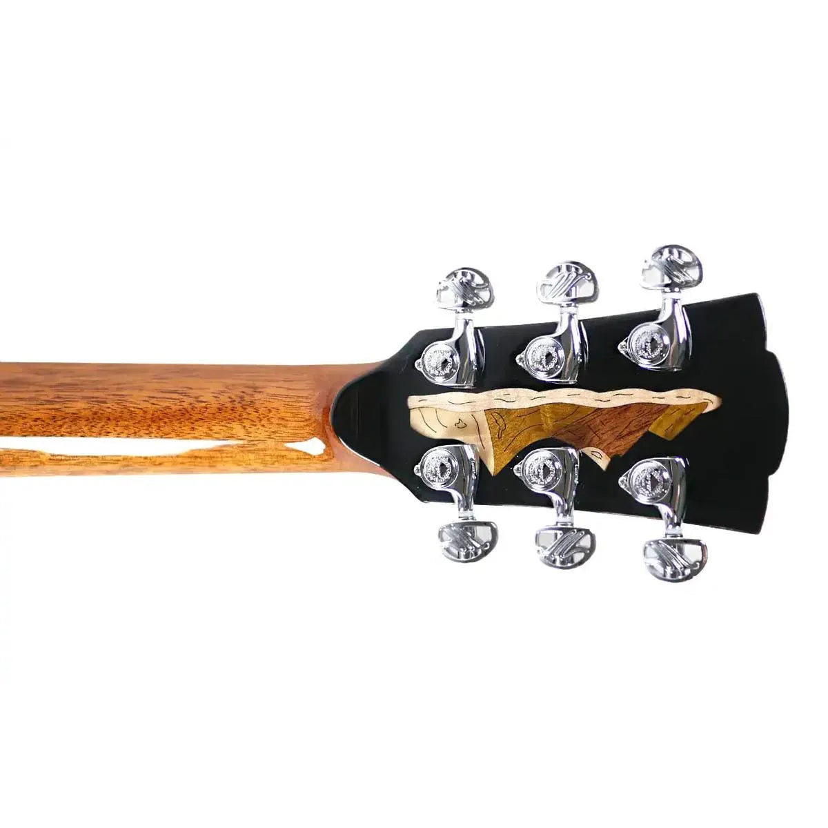 Mérida SUMMER-EQ acoustic-electric guitar headstock with black finish, chrome tuners, and wood inlay.