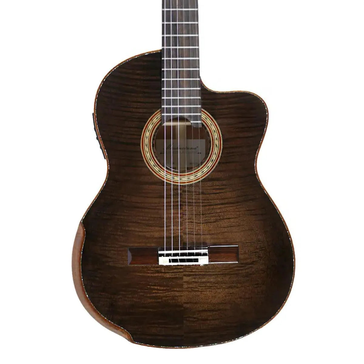 Mérida T45SSEQ-OK thin body acoustic-electric guitar with flamed okoume wood and high gloss finish.