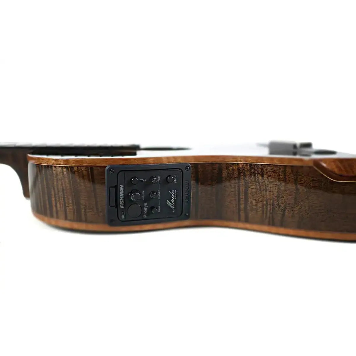 Mérida T45SSEQ-OK Thin Body Acoustic-Electric Guitar, showing the flamed okoume side and Fishman preamp.