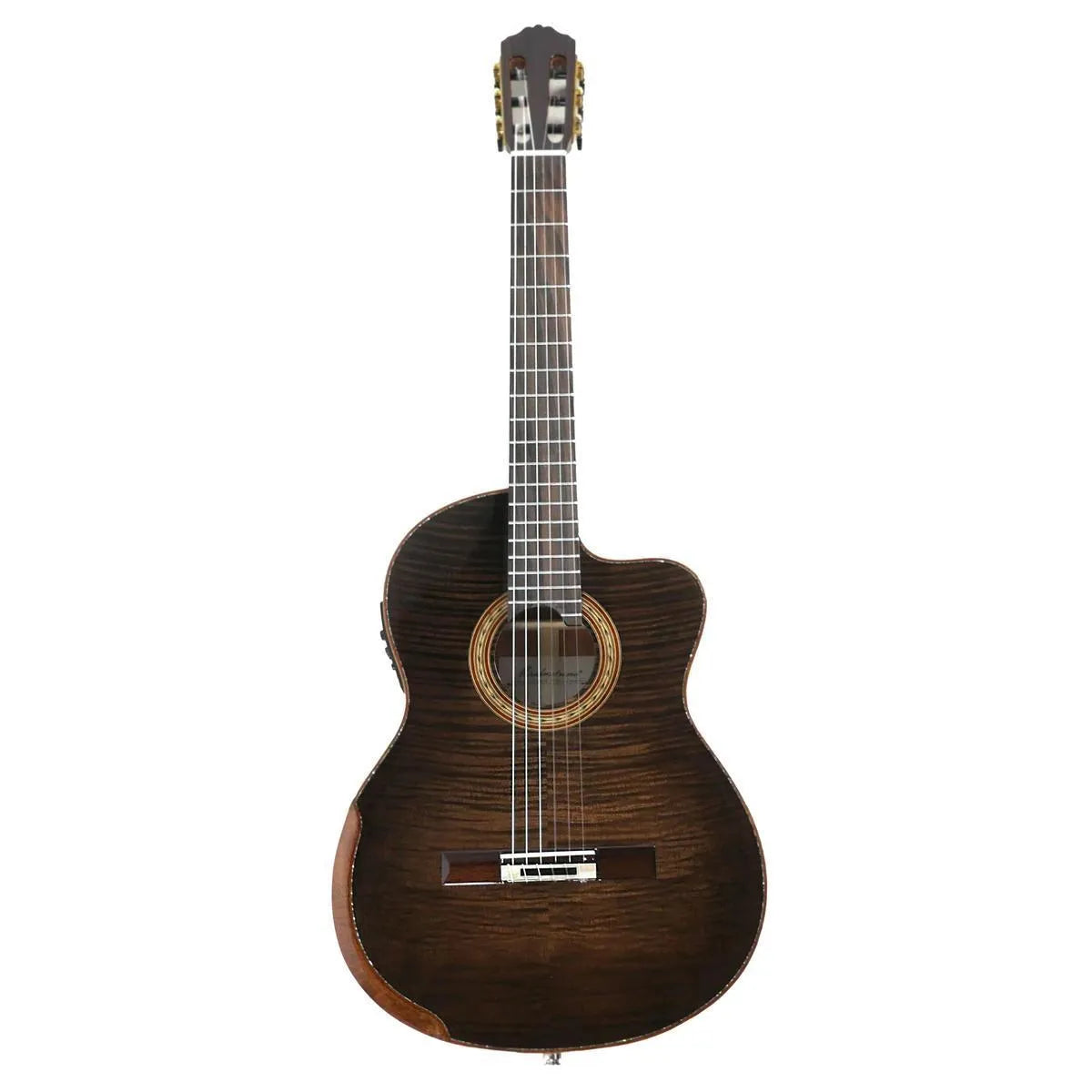 Mérida T45SSEQ-OK Thin Body Acoustic-Electric Guitar with dark flamed okoume finish and cutaway.