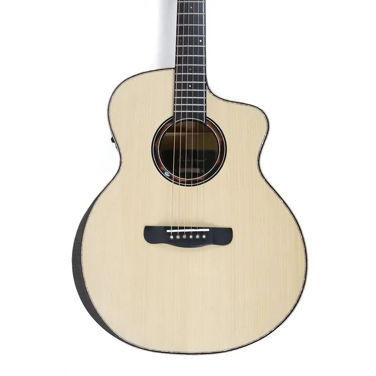 Mérida WAVE-EQ Grand Concert Acoustic-Electric Guitar with solid spruce top, dark Gold Namu back, and Venetian cutaway.