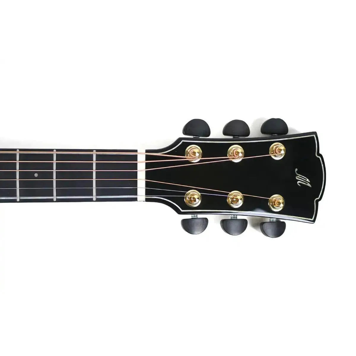 Mérida WAVE-EQ acoustic-electric guitar headstock with black finish, gold tuners, and ebony buttons.