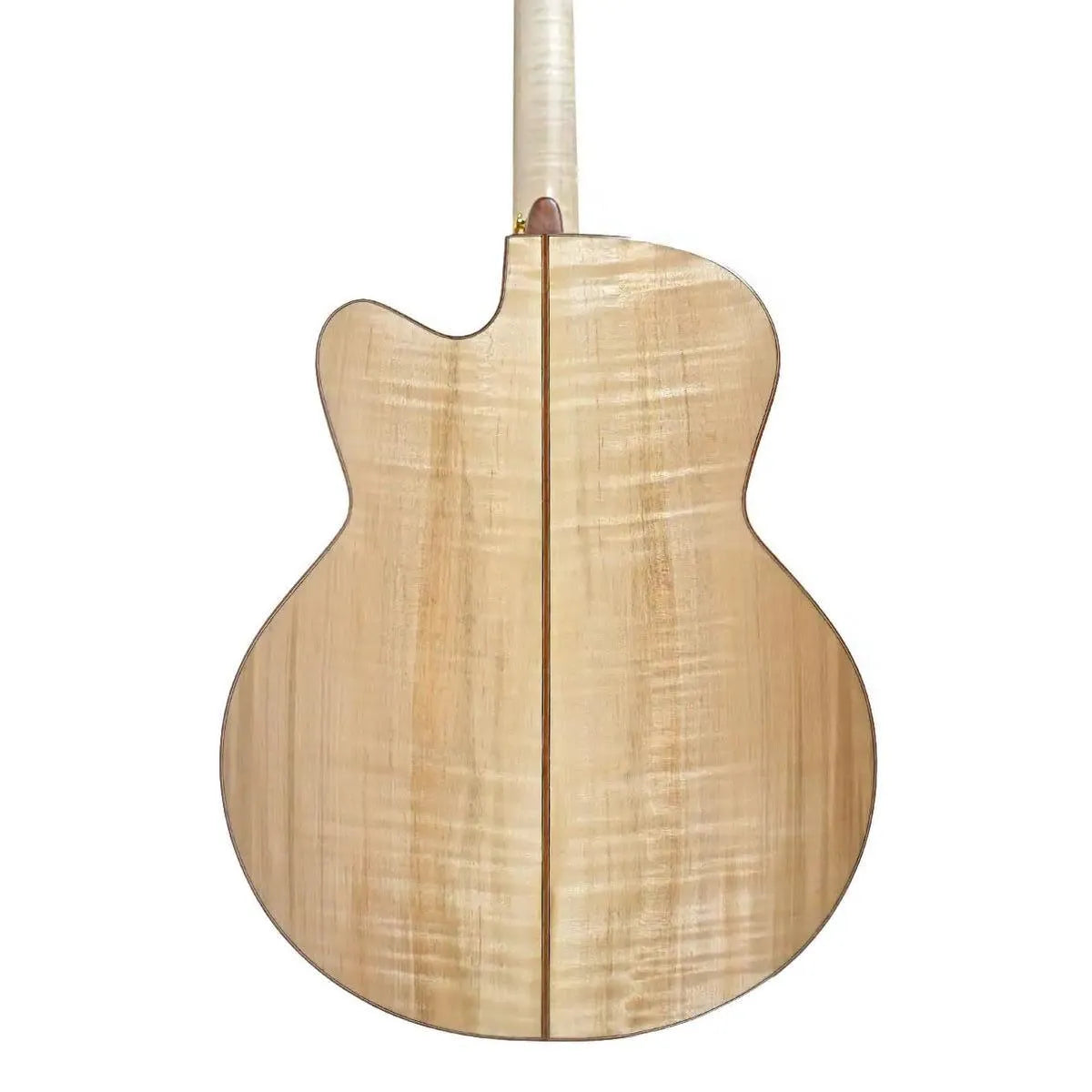 Mérida WEMBLY Jumbo Acoustic-Electric Guitar, back view, showing light flamed maple wood grain.