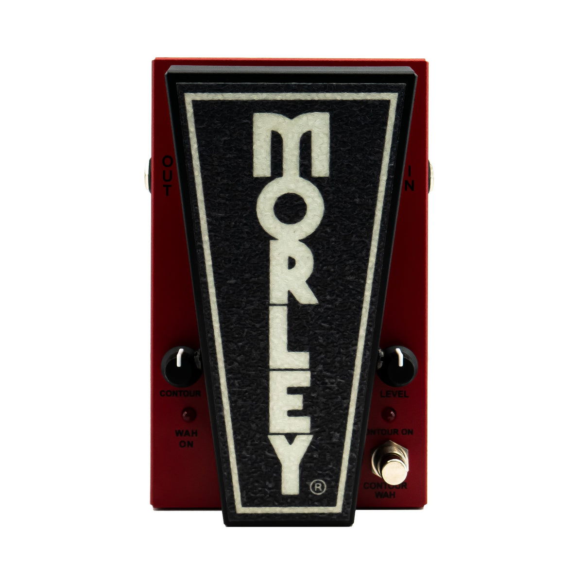Morley 20/20 Bad Horsie Wah top view, red housing with black Morley treadle, Contour and Level knobs and mode footswitch