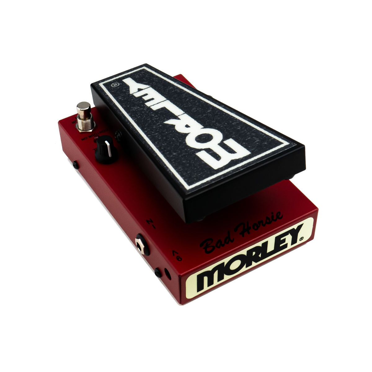 Morley 20/20 Bad Horsie Wah angled from the right with treadle, toe-end logo plate and side jack