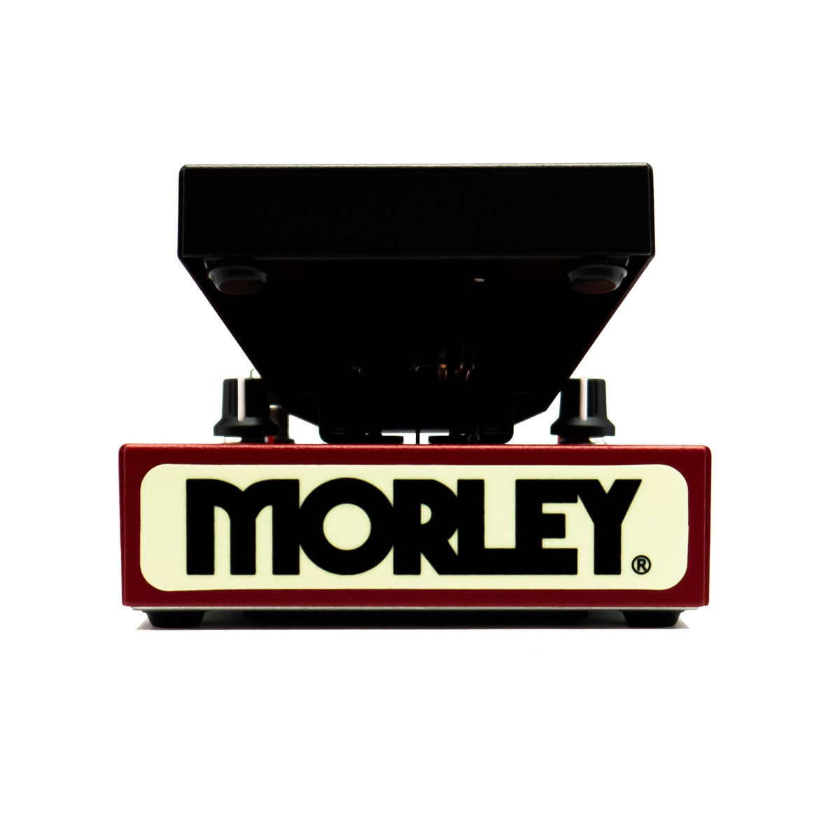 Morley 20/20 Bad Horsie Wah toe-end view of the cream Morley logo plate on the red housing