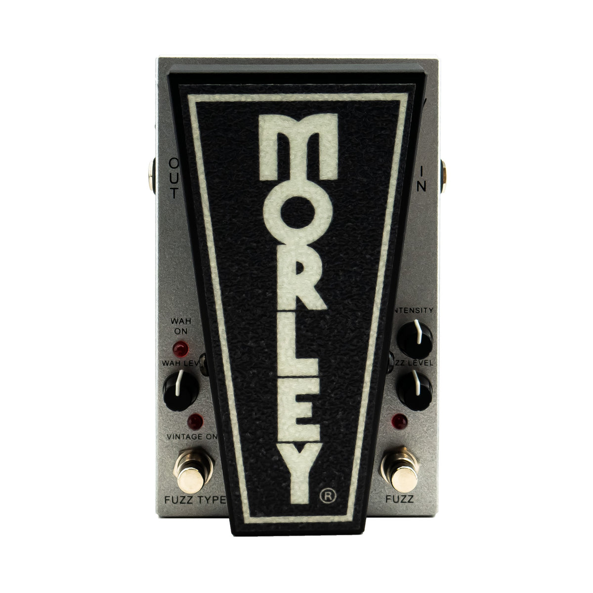 Morley 20/20 Power Fuzz Wah top view, silver housing with black Morley treadle, fuzz knobs, Fuzz Type and Fuzz footswitches