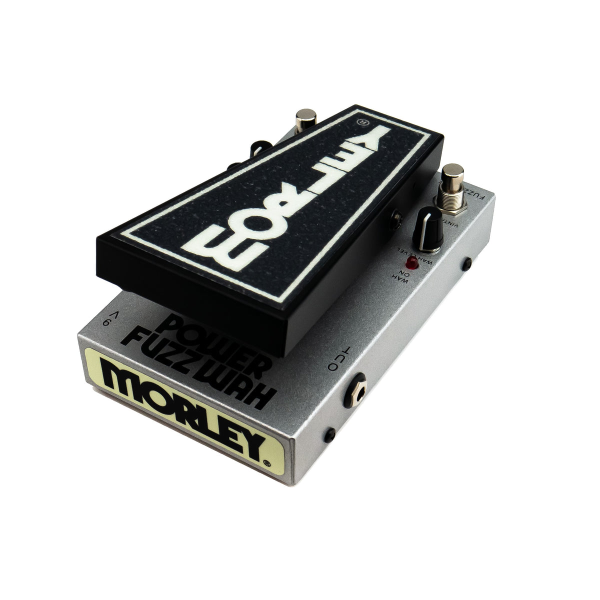 Morley 20/20 Power Fuzz Wah angled from the left showing the toe-end model name and Morley logo plate