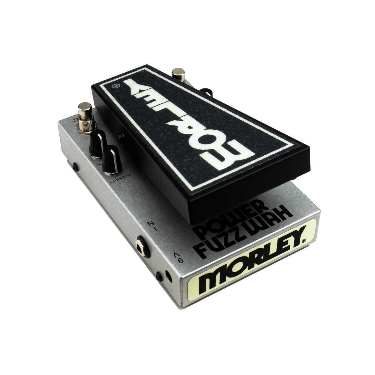 Morley 20/20 Power Fuzz Wah angled from the right with treadle, toe-end logo plate and side jack