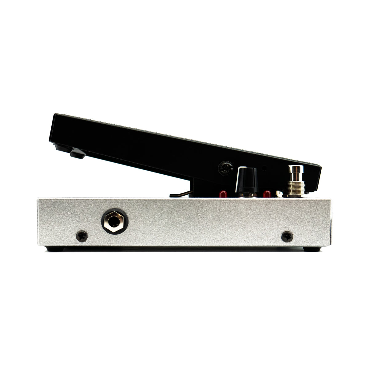 Morley 20/20 Power Fuzz Wah left side profile with treadle raised and output jack visible