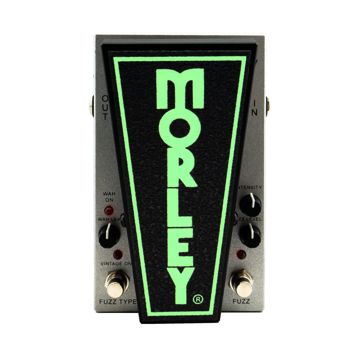 Morley 20/20 Power Fuzz Wah top view with the glow-in-the-dark treadle logo lit green