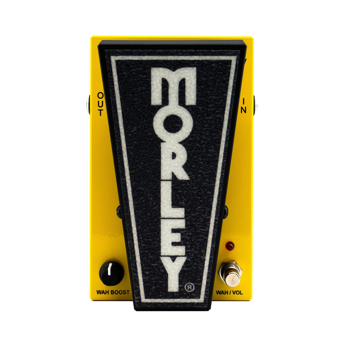 Morley 20/20 Power Wah Volume top view, yellow housing with black Morley treadle, Wah Boost knob and Wah/Vol footswitch