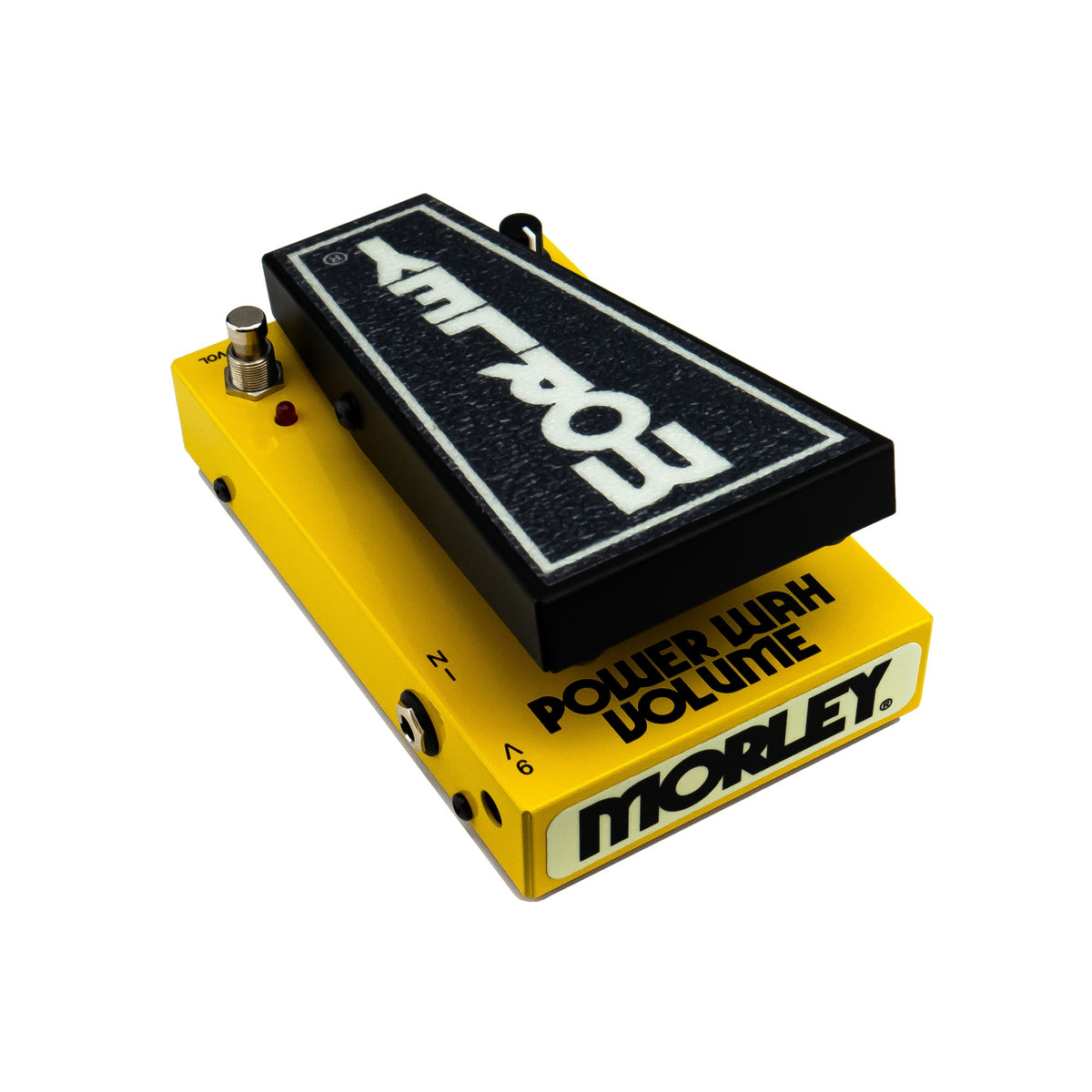 Morley 20/20 Power Wah Volume angled from the right with treadle, toe-end logo plate and side jack