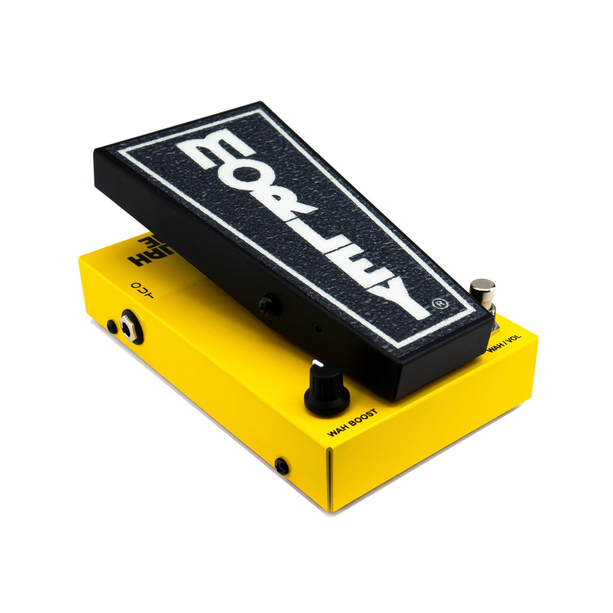 Morley 20/20 Power Wah Volume rear left angle showing the heel end, controls and yellow steel housing