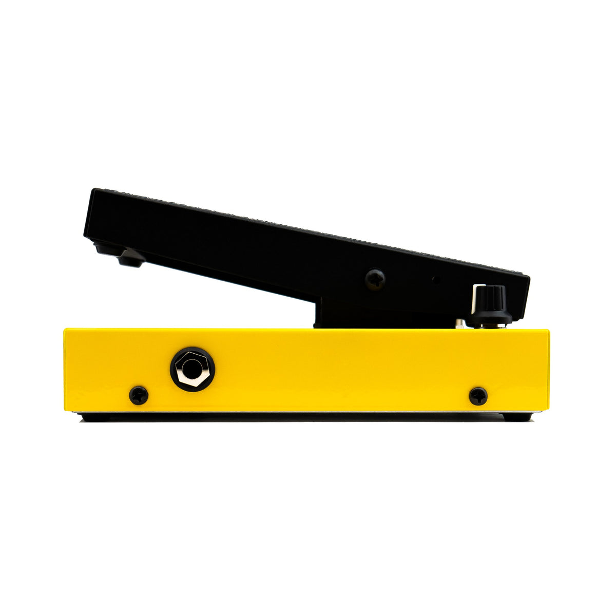 Morley 20/20 Power Wah Volume left side profile with treadle raised and output jack visible