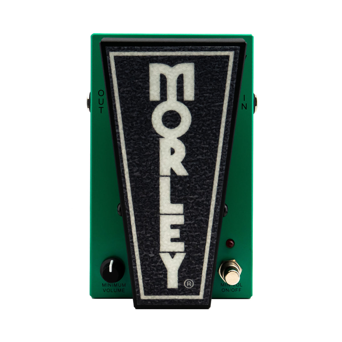 Morley 20/20 Volume Plus top view, teal green housing with black Morley treadle, Minimum Volume knob and footswitch