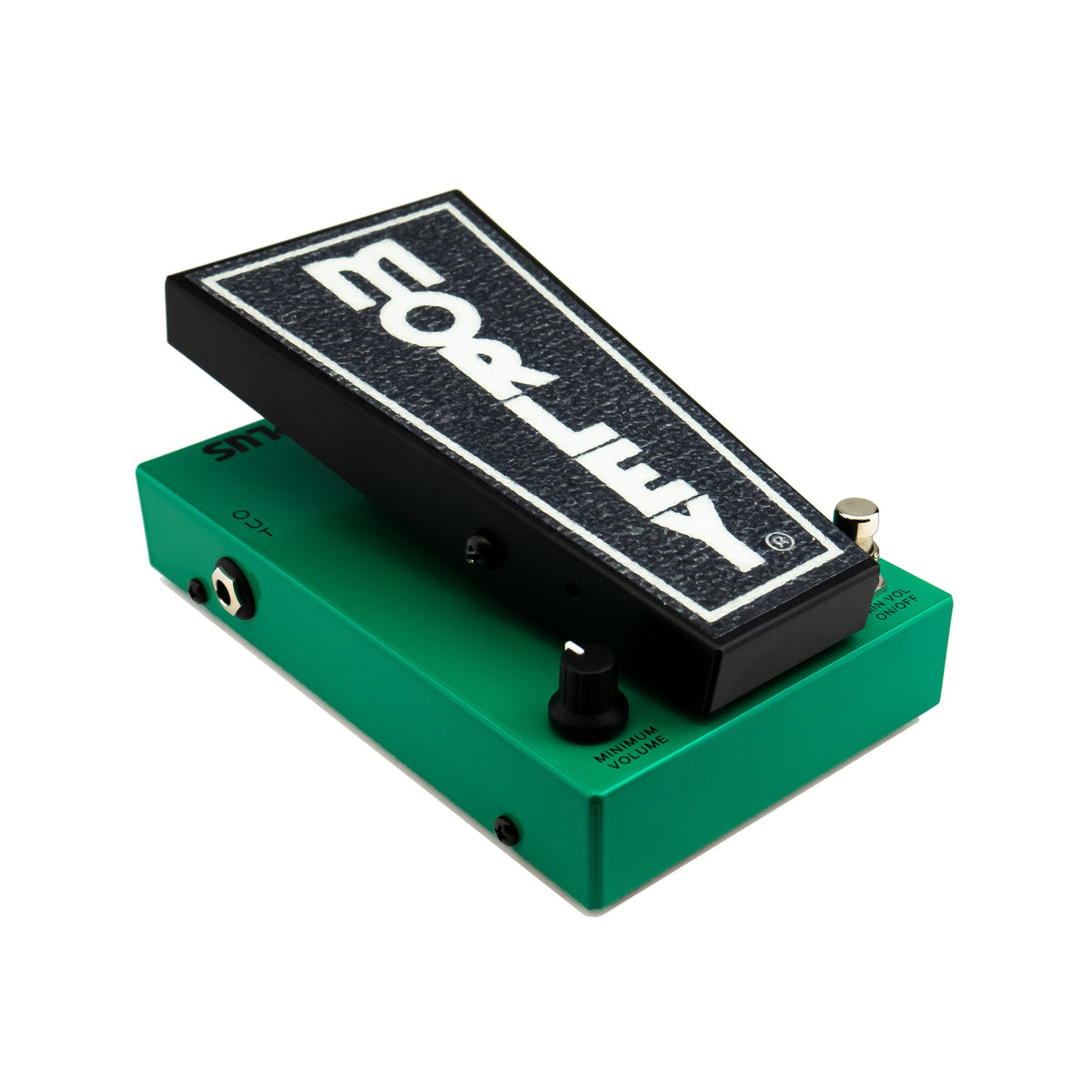 Morley 20/20 Volume Plus rear left angle showing the heel end, controls and teal green steel housing