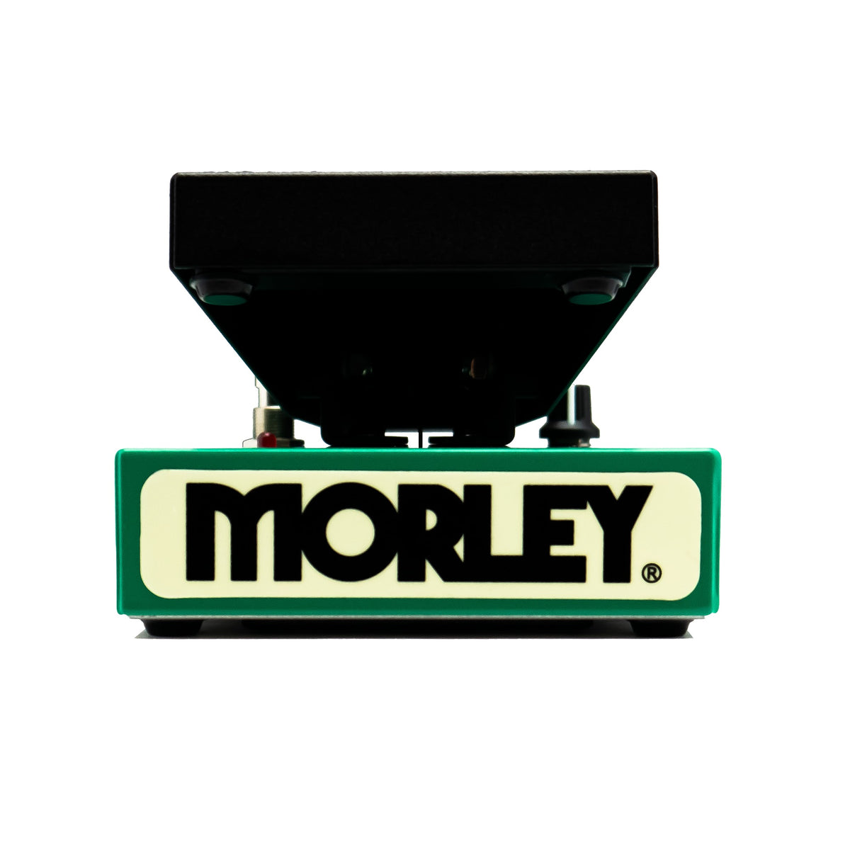 Morley 20/20 Volume Plus toe-end view of the cream Morley logo plate on the teal green housing