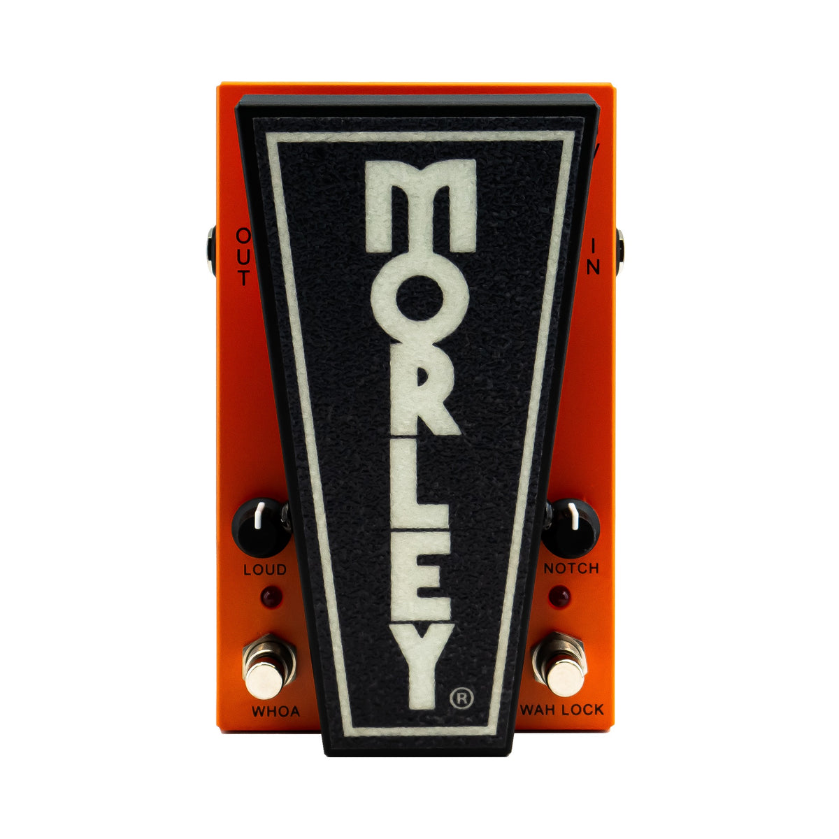 Morley 20/20 Wah Lock top view, orange housing with black Morley treadle, boost and Notch knobs, WHOA and Wah Lock footswitches