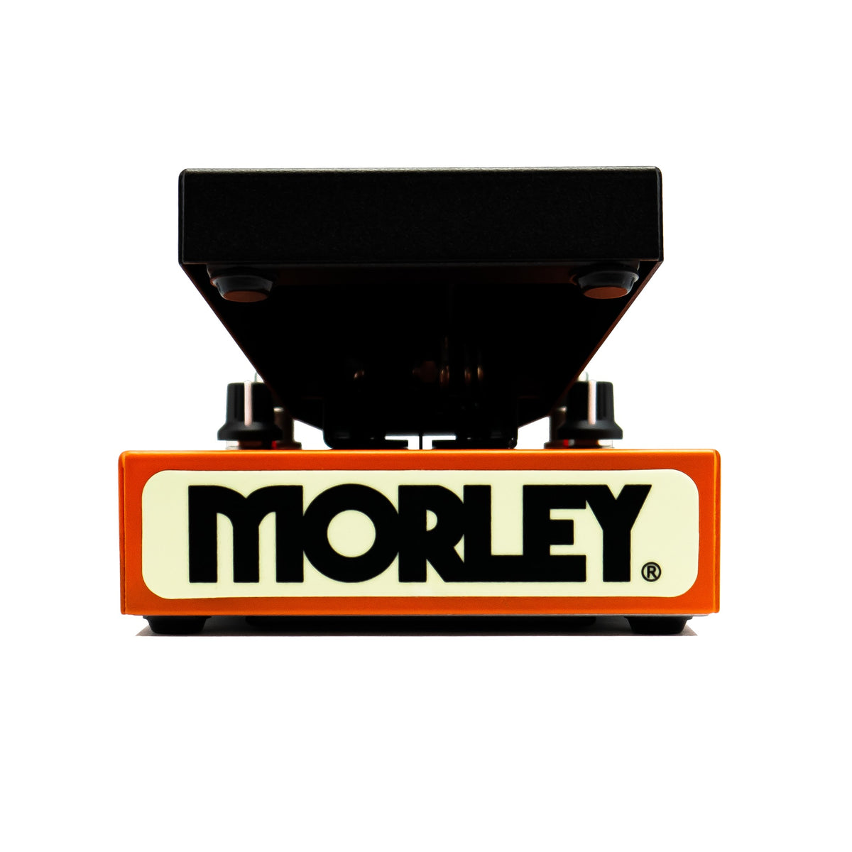 Morley 20/20 Wah Lock toe-end view of the cream Morley logo plate on the orange housing