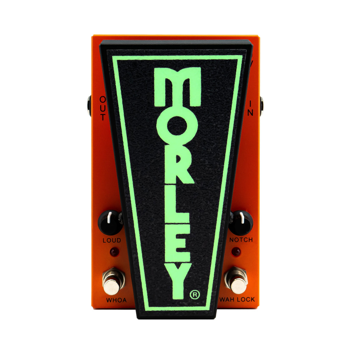 Morley 20/20 Wah Lock top view with the glow-in-the-dark treadle logo lit green