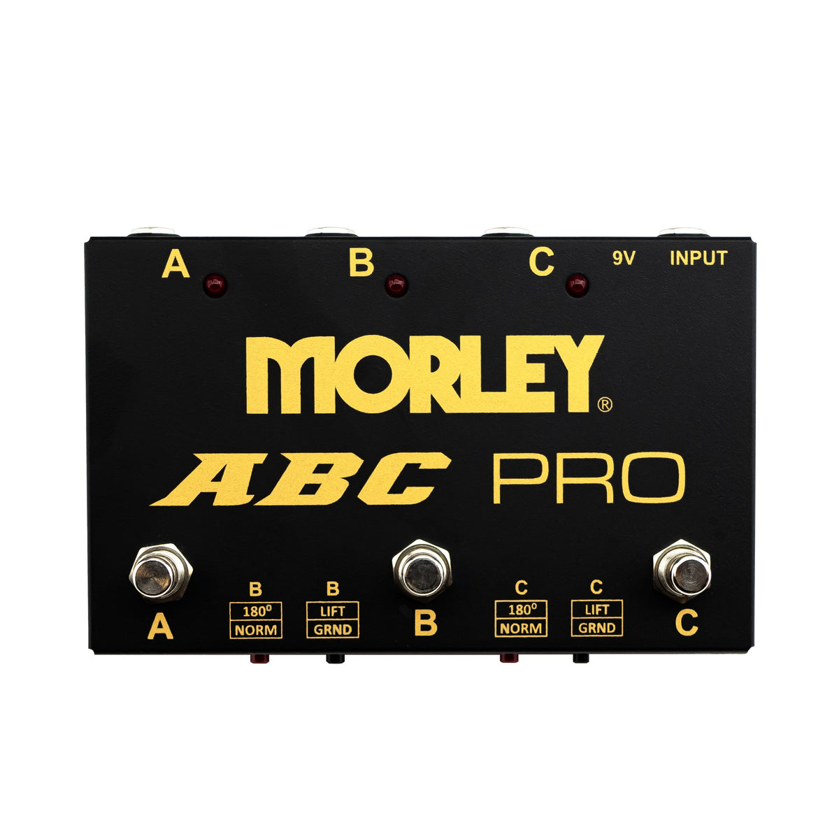 Morley ABC Pro top view, black housing with gold ABC Pro graphics, three footswitches and polarity and ground lift switches