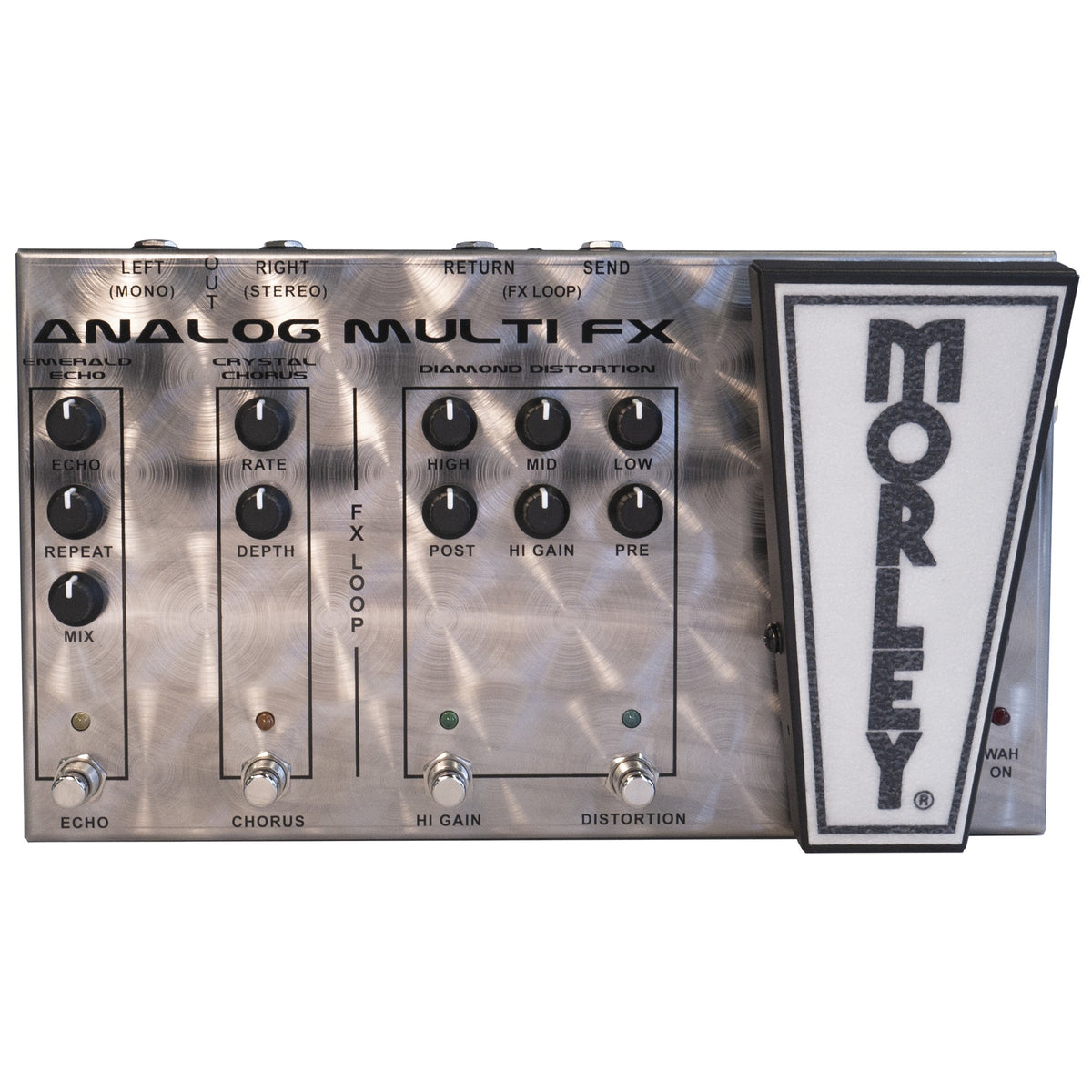 Morley AFX-1 Analog Multi FX top view, spun stainless steel housing with echo, chorus and distortion knobs and wah treadle