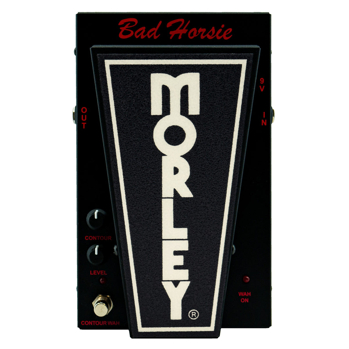 Morley Classic Bad Horsie top view, black housing with red Bad Horsie script, black Morley treadle, Contour and Level knobs