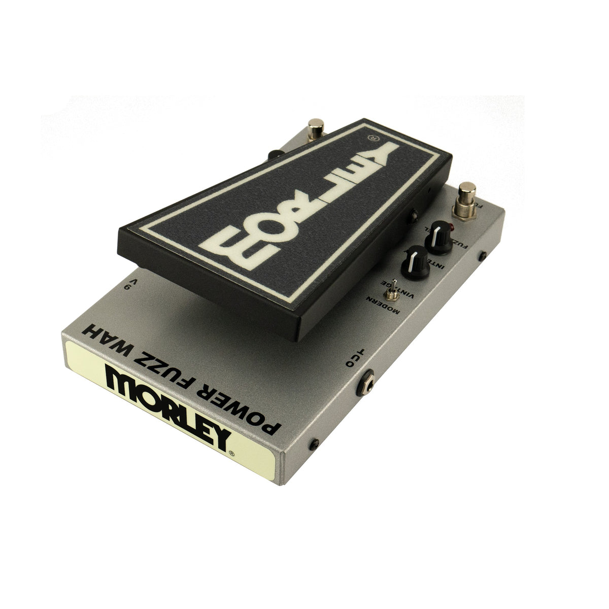 Morley Classic Power Fuzz Wah angled from the front left showing the Power Fuzz Wah toe-end plate