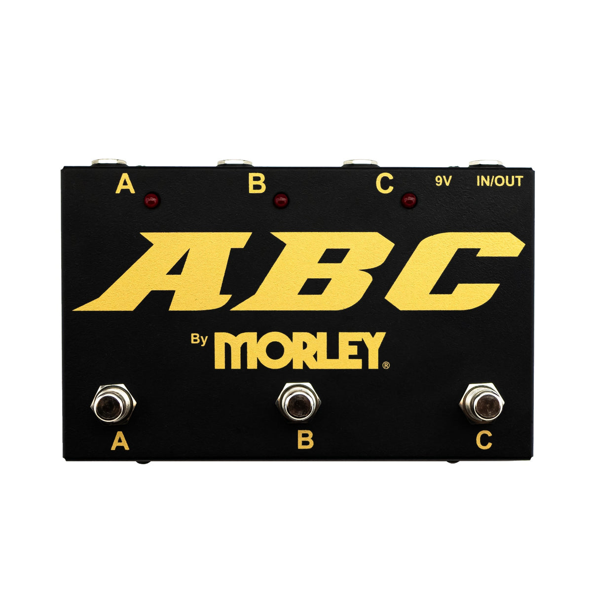 Morley Gold Series ABC top view, black housing with gold ABC graphics, three footswitches and LEDs